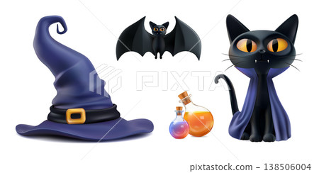 Halloween symbol 3d vector clipart. Black cat dracula, witch purple hat, vampire bat, magic potion. Kid costumed party invite element set. Spooky scary sale flyer, children realistic trick treat offer 138506004