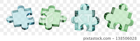 Transparent 3D glass puzzle piece, green blue fusion icon. Isometric perspective render for assemble part. Join jigsaw fragments with logic to solve problems. Gather detail plan for complex team task Transparent 3D glass puzzle piece, green blue fusion icon. Isometric perspective render for assemble part. Join jigsaw fragments with logic to solve problems. Gather detail plan for complex team task 138506028