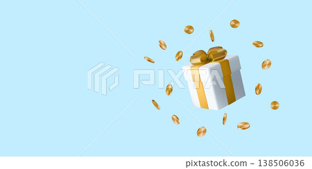 Gift box full of money, golden 3d coin award floating. Rich present concept, cash bonus vector. Invest fund, get profit of bank percent. Deposit income, finance investment revenue. Win lottery jackpot 138506036