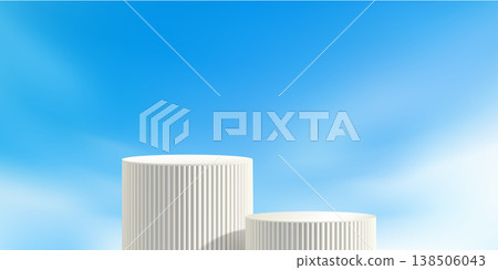 White poduim on sky bg, product platform in blue cloud. Cosmetic display summer stand, Spring nature banner. Minimal stage mockup, abstract vector pastel backdrop. Light soft presentation, step scene White poduim on sky bg, product platform in blue cloud. Cosmetic display summer stand, Spring nature banner. Minimal stage mockup, abstract vector pastel backdrop. Light soft presentation, step scene 138506043
