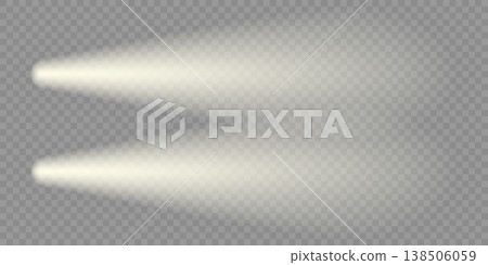 Car headlight overlay, lighthouse top flashlight flare. Night beacon yellow lens shine. Street lights in foggy night isolated effect. Led spot of vehicle, train or motorcycle and truck on speed road 138506059