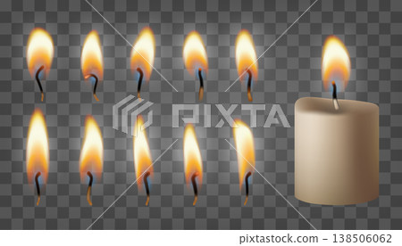 Fire vector light effect, isolated on dark transparent bg. 3d white christmas realistic candle. Glowing flames, set of lit wick. Burning wax memory candlestick. Small romantic church, gold spa sparkle Fire vector light effect, isolated on dark transparent bg. 3d white christmas realistic candle. Glowing flames, set of lit wick. Burning wax memory candlestick. Small romantic church, gold spa sparkle 138506062