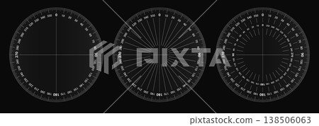 Degree 360 protractor for earthquake radar. Angle ruler focus on ship screen. Scale measure for light satellite, military naval meter. Metric tool face with gps sound alert on compass geometric hud Degree 360 protractor for earthquake radar. Angle ruler focus on ship screen. Scale measure for light satellite, military naval meter. Metric tool face with gps sound alert on compass geometric hud 138506063