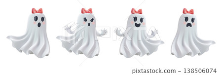 Halloween ghost girl set. 3d emoji little nice game character. White cloth pink bow. Scary laugh, baby boo, spooky face. Phantom soul funny mascot, Cute girly smile, scared scream emotion, blue bg Halloween ghost girl set. 3d emoji little nice game character. White cloth pink bow. Scary laugh, baby boo, spooky face. Phantom soul funny mascot, Cute girly smile, scared scream emotion, blue bg 138506074