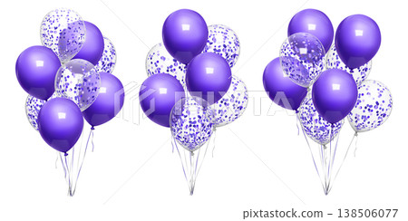Bunch of happy birthday balloons 3d, minimal bday present. Purple confetti party decoration, vector isolated on white bg. Inflated air ball float, realistic element mockup. Anniversary helium gift set Bunch of happy birthday balloons 3d, minimal bday present. Purple confetti party decoration, vector isolated on white bg. Inflated air ball float, realistic element mockup. Anniversary helium gift set 138506077
