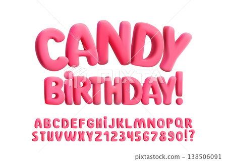 3D inflatable pink red balloon font, candy-like bubble letters. Chubby childish typography for holiday poster, birthday design and sweet graphics. Trendy playful kids stickers, bright abc render 138506091