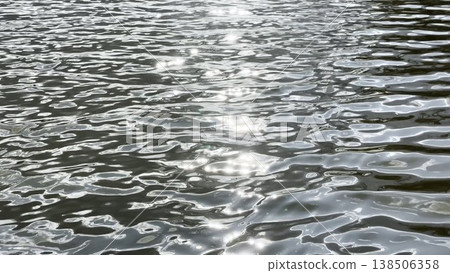 Scenery surface of pond illuminated by sun at summertime. Calm view on sea with small waves at sunny day. Beautiful summer nature landscape. Concept of tranquility scene. Slow motion 138506358