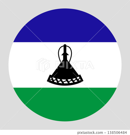 Lesotho national flag in a circular shape, with horizontal blue, white, and green stripes and a black Basotho hat (Mokorotlo) in the center. Lesotho national flag in a circular shape, with horizontal blue, white, and green stripes and a black Basotho hat (Mokorotlo) in the center. 138506484