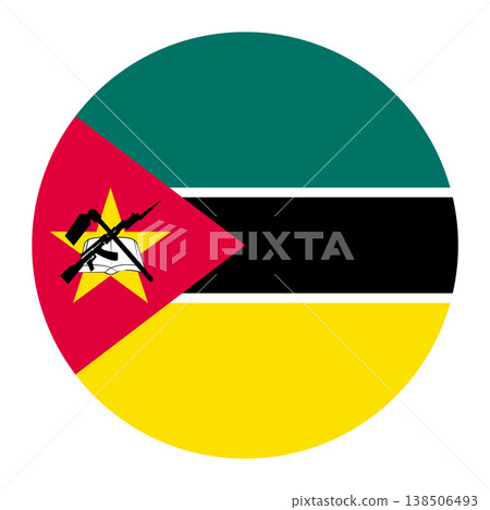 Mozambique flag in a circular shape, featuring horizontal stripes of green, black, and yellow with thin white borders, and a red triangle with a yellow star, AK-47, hoe, and book. 138506493