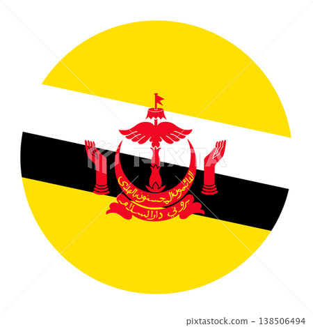 Brunei flag in a circular shape, featuring a yellow field with diagonal black and white stripes and the red national crest in the center. 138506494
