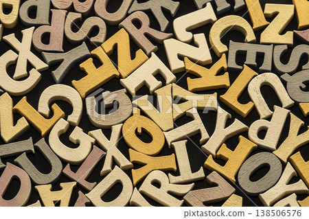 Pile of old vintage wooden letters. Typography background composition. 138506576