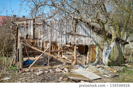 Demolition of an old wooden shed in the garden. 138506926