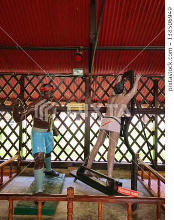 Andaman and Nicobar Islands, 29th May 2024. A poignant museum exhibit at Cellular Jail illustrating the harsh physical punishments endured by Indian freedom fighters. Andaman and Nicobar Islands, 29th May 2024. A poignant museum exhibit at Cellular Jail illustrating the harsh physical punishments endured by Indian freedom fighters. 138506949