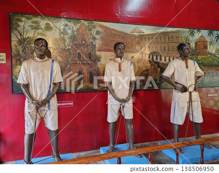 Andaman and Nicobar Islands, 29th May 2024 Museum exhibit at Cellular Jail portraying the harsh conditions and shackled prisoners during the British colonial era in Port Blair. 138506950