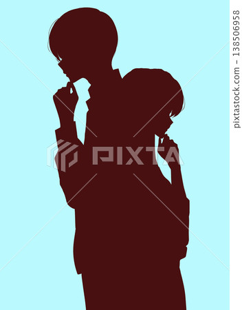 背靠背，一男一女正在思考的剪影。 138506958