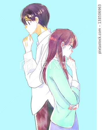 一男一女背靠背思考著。 138506963