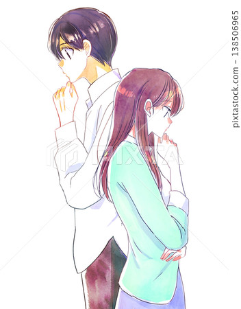 一男一女背靠背思考著。 一男一女背靠背思考著。 138506965