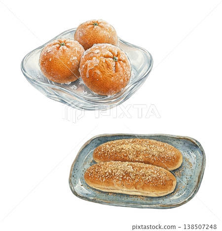 一幅日式繪畫風格的插圖,描繪了一盤冷凍橘子和炸麵包。 一幅日式繪畫風格的插圖,描繪了一盤冷凍橘子和炸麵包。 138507248