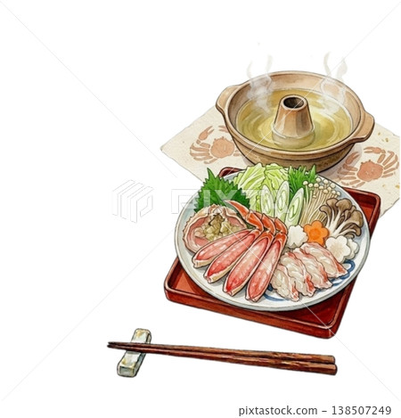一幅以日本繪畫風格繪製的螃蟹涮涮鍋插圖。 138507249