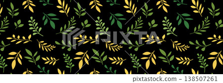 Luxury Green and Gold Leaf Seamless Pattern on Black Background 138507261