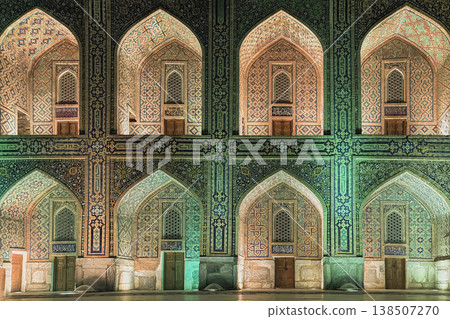 Mosaic patterns glow under soft, colorful lighting Mosaic patterns glow under soft, colorful lighting 138507270