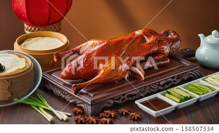 Whole Peking Duck with Lacquered Mahogany Skin 138507334