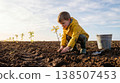Child carefully places young plant in soil. Kid kneels in nature to plant small tree 138507453