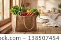 Vegetable shopping bag. Sustainable kitchen collection featuring colorful vegetables and herbs 138507454