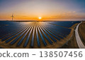 Vast Solar Farm at Golden Sunrise Aerial Panoramic View 138507456
