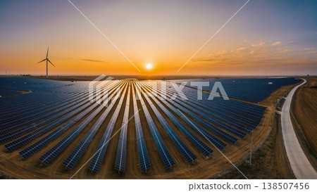 Vast Solar Farm at Golden Sunrise Aerial Panoramic View 138507456