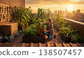 Urban rooftop gardening. Skyline sunset as gardener nurtures urban rooftop vegetable beds 138507457