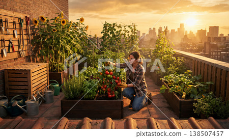 Urban rooftop gardening. Skyline sunset as gardener nurtures urban rooftop vegetable beds 138507457