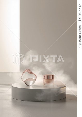 Clear glass object sits on a white pedestal next to a bottle of perfume 138507742