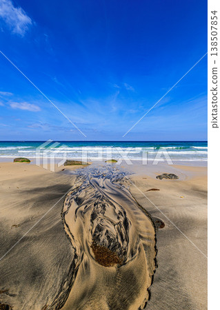 A coastal landscape featuring flowing water etched into the sand and the vast expanse of blue sea. 138507854