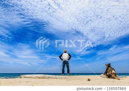 在卷積雲的天空下，一個人影的背影矗立在沙灘上，沙灘上散落著浮木。 138507869