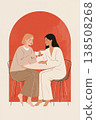Two women sitting at a table with cups in front of them 138508268