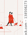 Two women walking a dog on a sidewalk 138508273