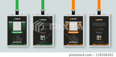 Modern and professional press reporter id card or identity card design layout with green and orange color. Modern identification card, staff card. Modern and professional press reporter id card or identity card design layout with green and orange color. Modern identification card, staff card. 138508302