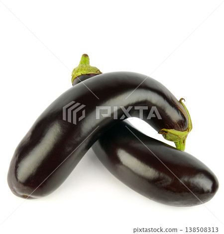 Two fresh organic eggplants with green stems isolated on a white background. 138508313