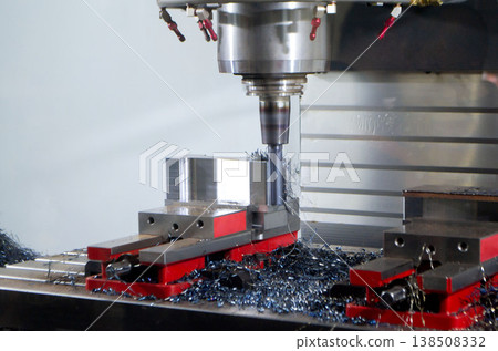 Metal processing machine. Machining center. CNC vertical machining center. Computer control. Metal milling equipment. Metal shavings. Machines production tools Industrial 138508332