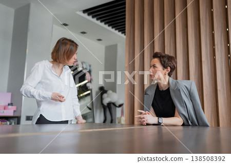 Smiling women standing and sitting conversing pleasantly over table in a bright open office. Conversation, smiling, open office, women, teamwork. Smiling women standing and sitting conversing pleasantly over table in a bright open office. Conversation, smiling, open office, women, teamwork. 138508392
