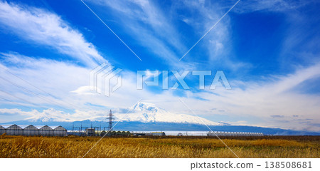Electric power lines over golden field with greenhouses and mountains Electric power lines over golden field with greenhouses and mountains 138508681