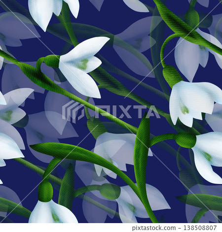 White snowdrops, green branches. Seamless floral botanical pattern. Digital watercolor hand drawn White snowdrops, green branches. Seamless floral botanical pattern. Digital watercolor hand drawn 138508807