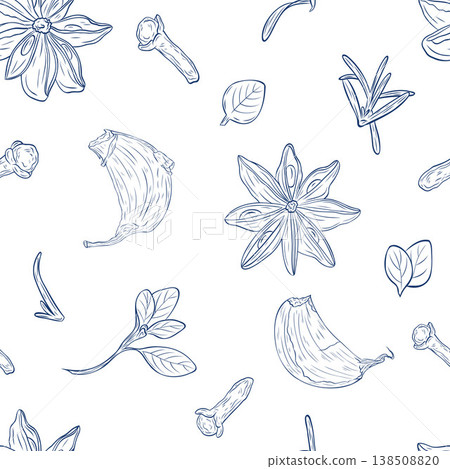 Garlic clove, star anise,oregano. Seamless pattern Garlic clove, star anise,oregano. Seamless pattern 138508820
