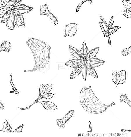 Garlic clove, star anise, dry cloves, oregano. Monochrome botanical seamless pattern drawing of fragrant herbs and spices. Graphic ink vector. Good for decoration of cooking, menu, decor, stickers Garlic clove, star anise, dry cloves, oregano. Monochrome botanical seamless pattern drawing of fragrant herbs and spices. Graphic ink vector. Good for decoration of cooking, menu, decor, stickers 138508831