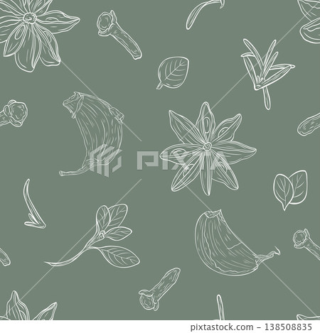 Garlic clove, star anise, dry cloves, oregano. Monochrome botanical seamless pattern drawing of fragrant herbs and spices. Graphic ink vector. Good for decoration of cooking, menu, decor, stickers Garlic clove, star anise, dry cloves, oregano. Monochrome botanical seamless pattern drawing of fragrant herbs and spices. Graphic ink vector. Good for decoration of cooking, menu, decor, stickers 138508835