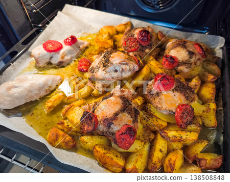 Chicken and potatoes roasting with cherry tomatoes in oven on baking paper Chicken and potatoes roasting with cherry tomatoes in oven on baking paper 138508848