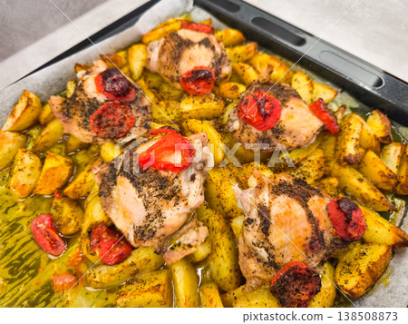 Delicious roasted chicken with potatoes and tomatoes baking on a tray 138508873