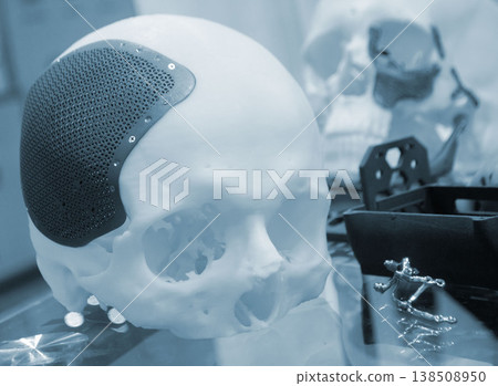 Titanium cranioplates. Prototype of human skull from white plastic with individual patient-specific cranial plate grid made of biocompatible titanium printed on 3D printer. Bioengineering implant Titanium cranioplates. Prototype of human skull from white plastic with individual patient-specific cranial plate grid made of biocompatible titanium printed on 3D printer. Bioengineering implant 138508950