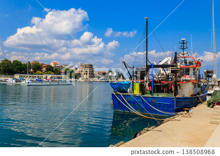 Fishing trawler in port in Pomorie, Bulgaria 138508968